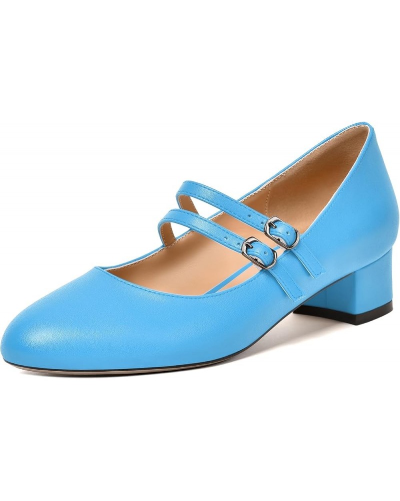 Womens Office Round Toe Adjustable Strap Fashion Buckle Matte Chunky Low Heel Pumps Shoes 1.5 Inch Sky Blue $36.95 Pumps