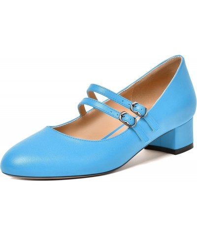 Womens Office Round Toe Adjustable Strap Fashion Buckle Matte Chunky Low Heel Pumps Shoes 1.5 Inch Sky Blue $36.95 Pumps