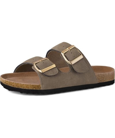 Womens Flat Sandals Cork Footbed Slides 2 Straps Adjustable Buckle Slip On Summer with +Comfort Shoes Light Brown $11.89 Sandals