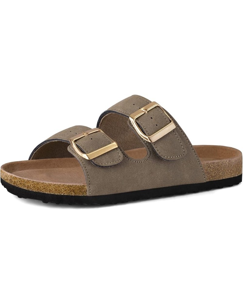 Womens Flat Sandals Cork Footbed Slides 2 Straps Adjustable Buckle Slip On Summer with +Comfort Shoes Light Brown $11.89 Sandals