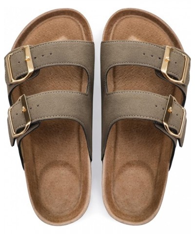 Womens Flat Sandals Cork Footbed Slides 2 Straps Adjustable Buckle Slip On Summer with +Comfort Shoes Light Brown $11.89 Sandals