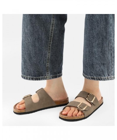 Womens Flat Sandals Cork Footbed Slides 2 Straps Adjustable Buckle Slip On Summer with +Comfort Shoes Light Brown $11.89 Sandals