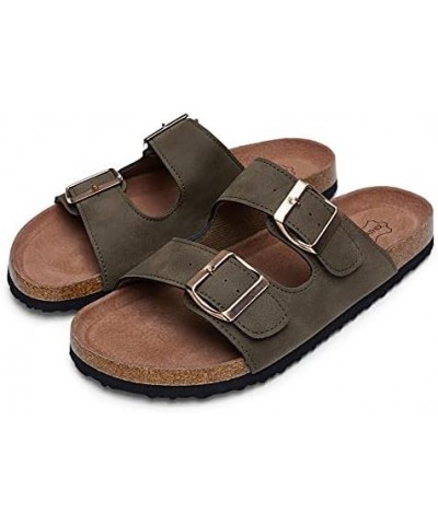 Womens Flat Sandals Cork Footbed Slides 2 Straps Adjustable Buckle Slip On Summer with +Comfort Shoes Light Brown $11.89 Sandals