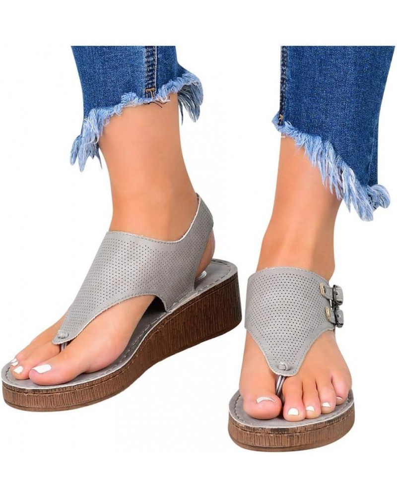 Women's Strappy Sandals Wide Width Wedge Sandals Thong Ankle Strap Sandals Buckle Flip Flops Beach Shoes A34 Grey $11.50 Outd...