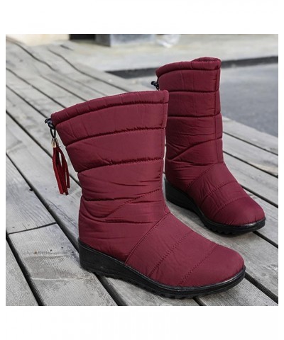 Snow Boots for Women Winter High Tube Fringed Round Toe Warm Waterproof Cloth Mid-Calf Boot Comfortable Stretch Slip-On Wedge...