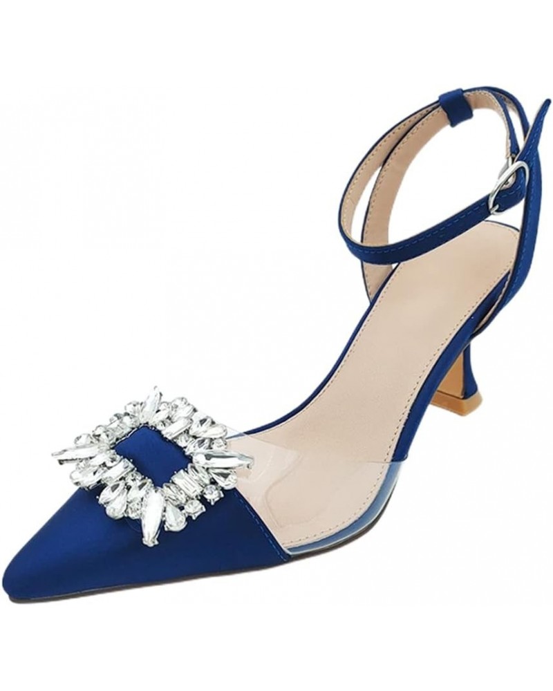 Fashion Rhinstone Clear Kitten Heels Wedding Low Heel Slingback Adjustable Strap Sandals 009 Blue $25.90 Sandals