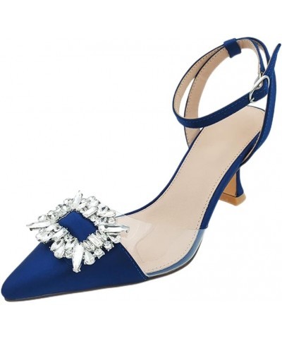 Fashion Rhinstone Clear Kitten Heels Wedding Low Heel Slingback Adjustable Strap Sandals 009 Blue $25.90 Sandals