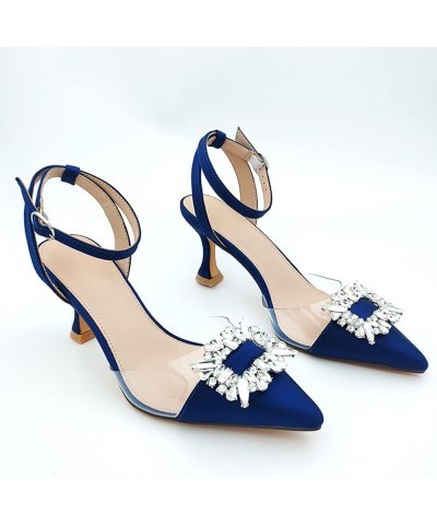 Fashion Rhinstone Clear Kitten Heels Wedding Low Heel Slingback Adjustable Strap Sandals 009 Blue $25.90 Sandals