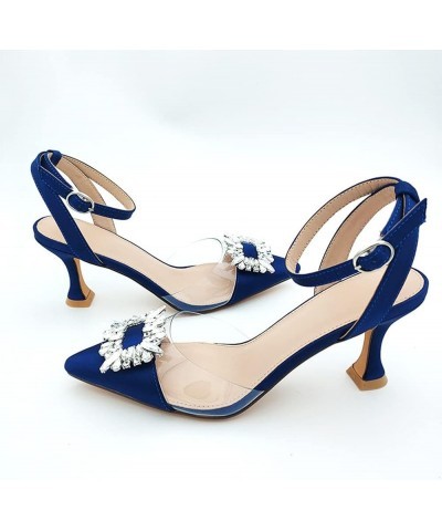 Fashion Rhinstone Clear Kitten Heels Wedding Low Heel Slingback Adjustable Strap Sandals 009 Blue $25.90 Sandals