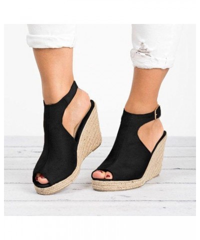 Platform Sandals for Women, Fashion Solid Wedges Casual Buckle Strap Roman Sandals Black $29.57 Sandals