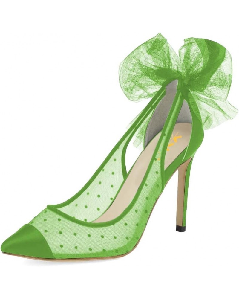 Pointed Toe Cap High Heels for Women Pumps Cutout Polka Dots Back Bowknot Mesh Brides Wedding Evening Shoes Green $48.79 Pumps