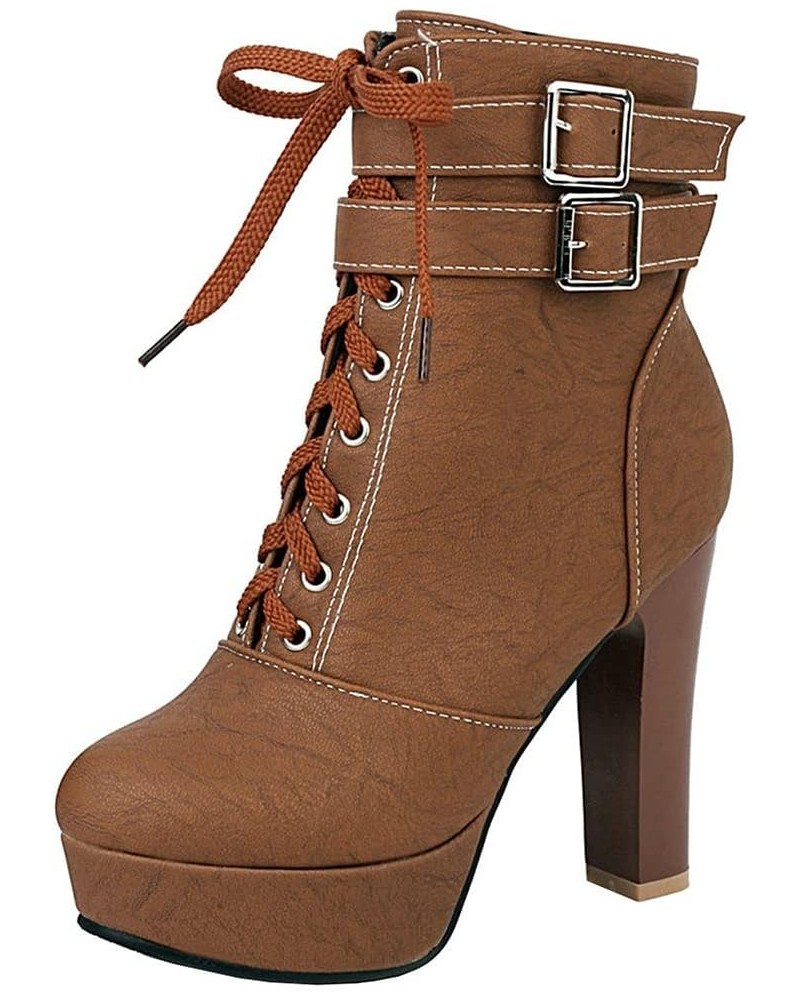 Women Lace Up Platform Ankle Boots Goth Block High Heel Winter Booties Brown $33.23 Boots