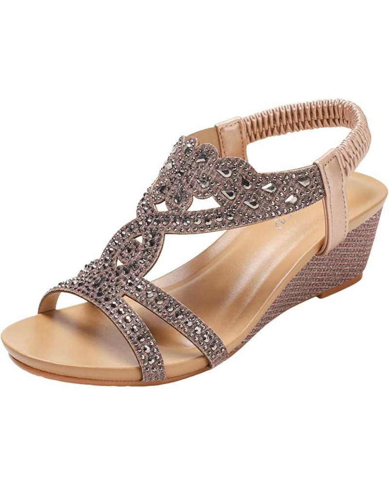 Wedge Fashion Sandals Summer New Bohemian Style Retro Rhinestone Elastic Strap Roman Shoes Closed Sandals for Women Pink $14....