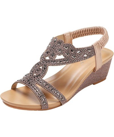 Wedge Fashion Sandals Summer New Bohemian Style Retro Rhinestone Elastic Strap Roman Shoes Closed Sandals for Women Pink $14....