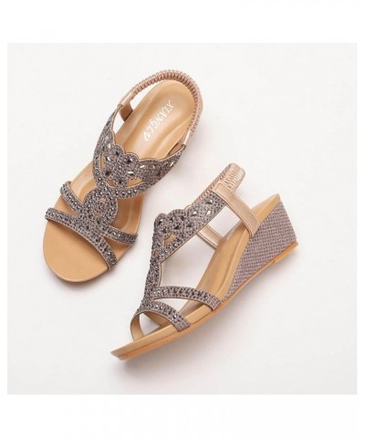 Wedge Fashion Sandals Summer New Bohemian Style Retro Rhinestone Elastic Strap Roman Shoes Closed Sandals for Women Pink $14....