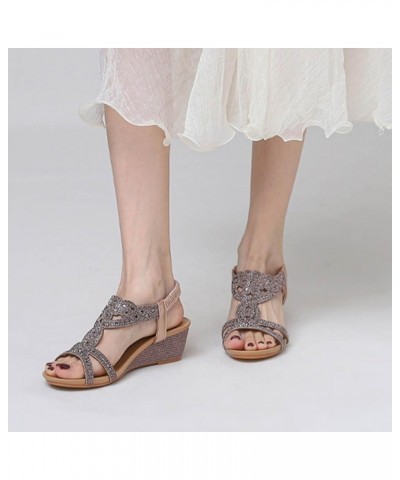 Wedge Fashion Sandals Summer New Bohemian Style Retro Rhinestone Elastic Strap Roman Shoes Closed Sandals for Women Pink $14....