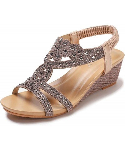 Wedge Fashion Sandals Summer New Bohemian Style Retro Rhinestone Elastic Strap Roman Shoes Closed Sandals for Women Pink $14....