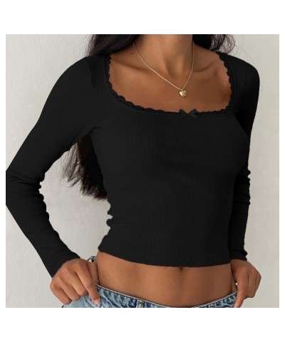 Women's Chest Bow Lace Lace Slim Fit Solid Color Long Sleeved Top with T Shirt Sleeve Pack Black $12.18 Sandals