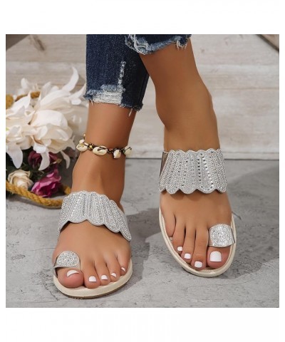 Pearl Sandals for Women Ladies Casual Sandals With Diamonds Flat Comfortable Sandals And Slippers Womens Slides Silver $15.00...