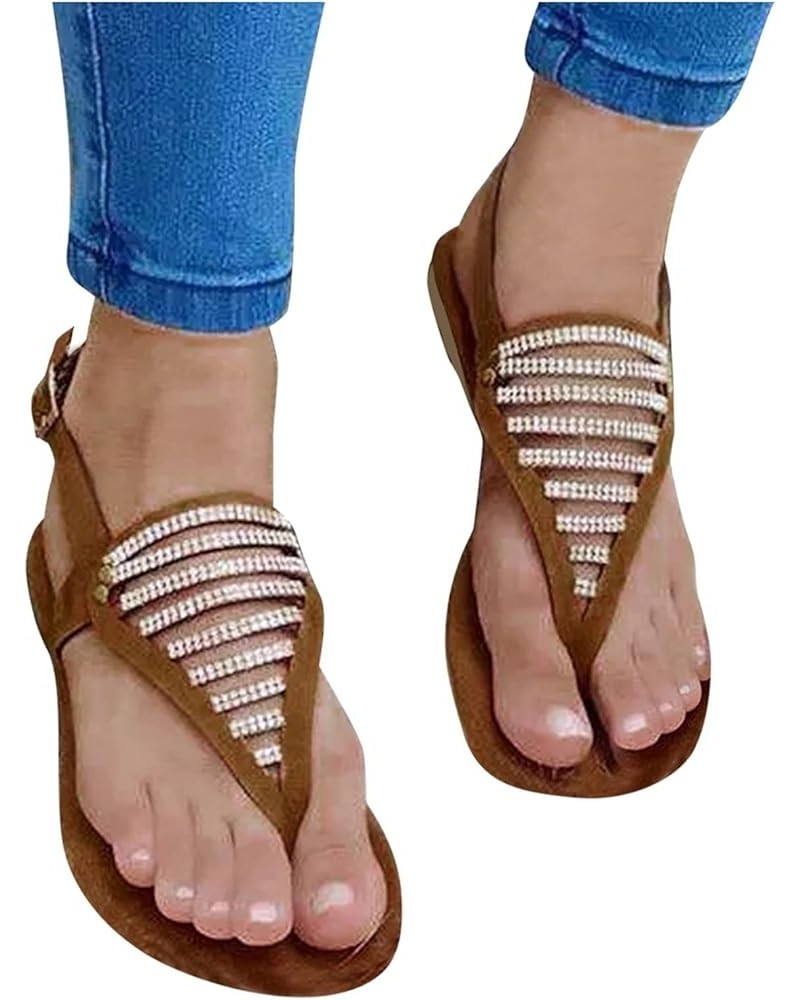 Sandals Women Stylish Hollow Out Rhinestone Clip Toe Sandals Flat Buckle Strap Outdoor Flip Flops Sandals Brown $14.92 Sandals