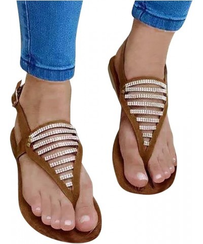 Sandals Women Stylish Hollow Out Rhinestone Clip Toe Sandals Flat Buckle Strap Outdoor Flip Flops Sandals Brown $14.92 Sandals