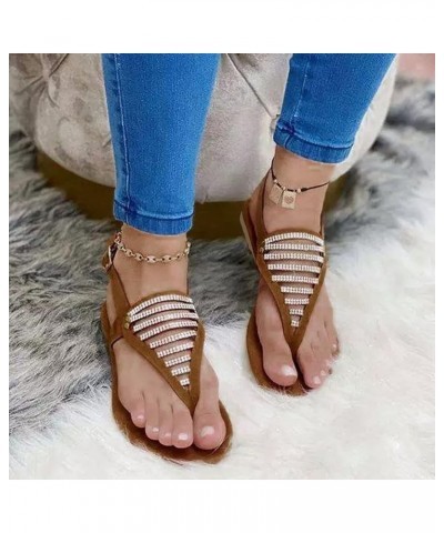 Sandals Women Stylish Hollow Out Rhinestone Clip Toe Sandals Flat Buckle Strap Outdoor Flip Flops Sandals Brown $14.92 Sandals