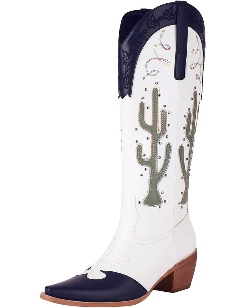 Fashion Embroidery Cowboy Boots for Women Mid Heels Cowgirl Mid Calf Boots 332 Blue $28.79 Boots