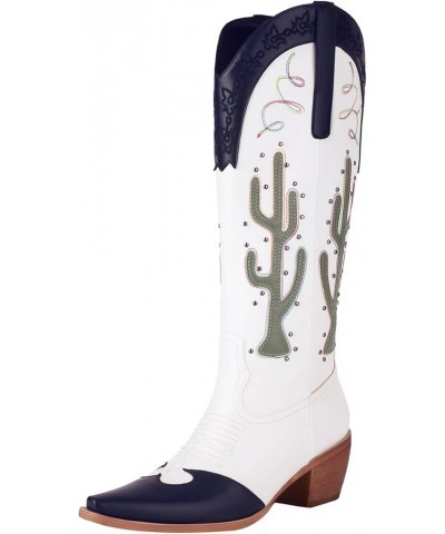 Fashion Embroidery Cowboy Boots for Women Mid Heels Cowgirl Mid Calf Boots 332 Blue $28.79 Boots