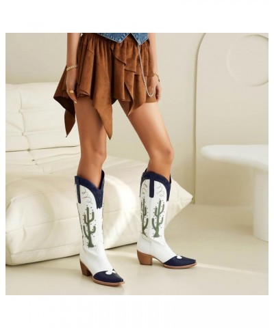 Fashion Embroidery Cowboy Boots for Women Mid Heels Cowgirl Mid Calf Boots 332 Blue $28.79 Boots