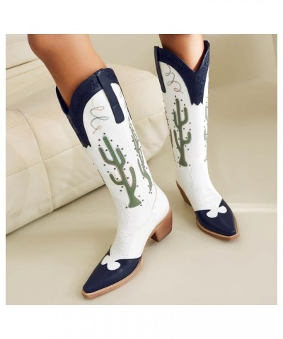 Fashion Embroidery Cowboy Boots for Women Mid Heels Cowgirl Mid Calf Boots 332 Blue $28.79 Boots