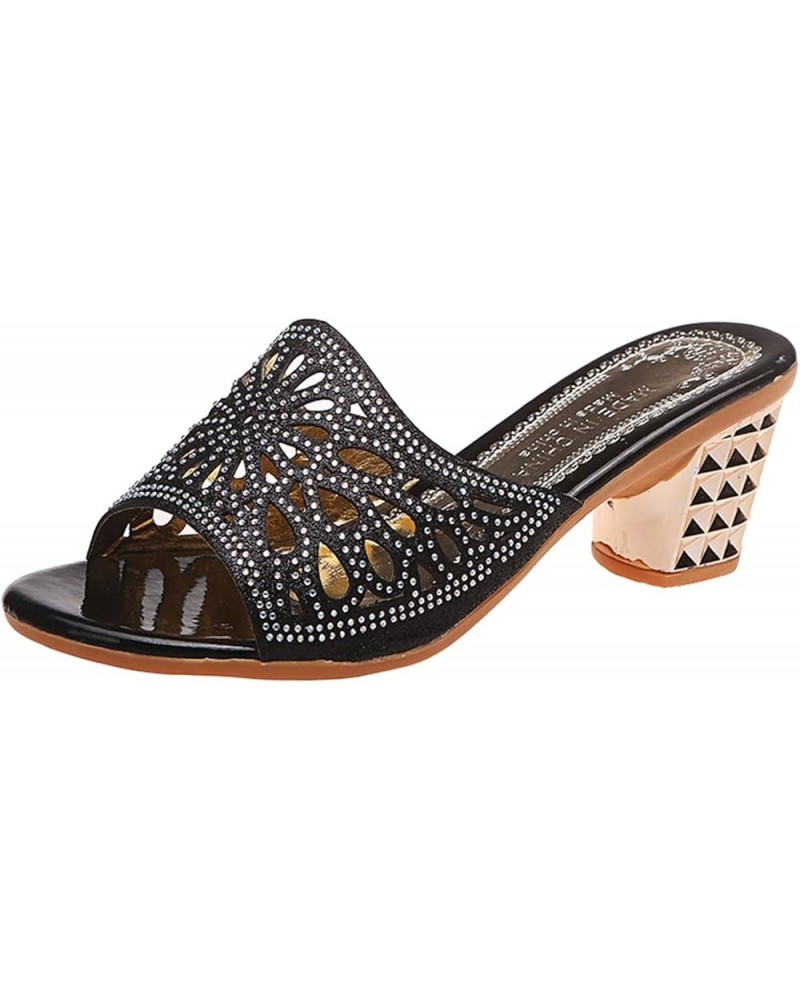 Fashion Summer Women Sandals Hollow Breathable Rhinestone Sequins Casual Middle Heel Flats Sandals for Women Dress (Black, 7)...