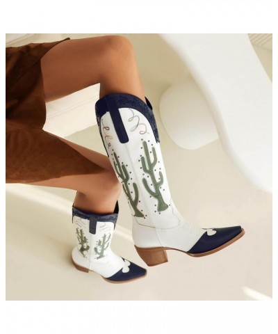 Fashion Embroidery Cowboy Boots for Women Mid Heels Cowgirl Mid Calf Boots 332 Blue $28.79 Boots