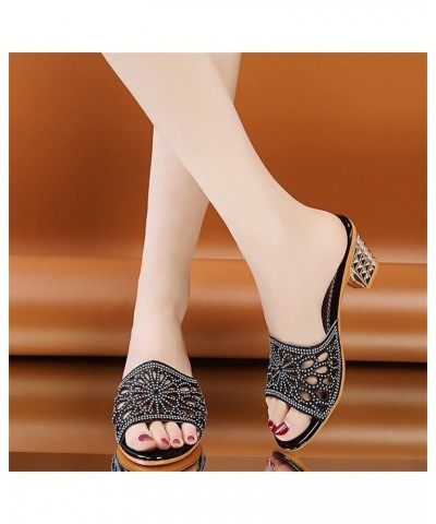 Fashion Summer Women Sandals Hollow Breathable Rhinestone Sequins Casual Middle Heel Flats Sandals for Women Dress (Black, 7)...