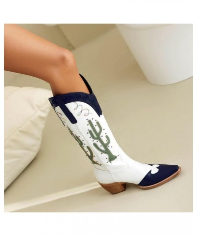 Fashion Embroidery Cowboy Boots for Women Mid Heels Cowgirl Mid Calf Boots 332 Blue $28.79 Boots