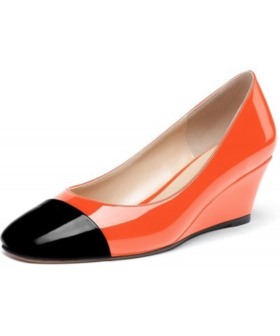 Women's Matte Square Toe Slip On Solid Wedge Low Heel Pumps Office Work Dress Shoes 2 Inch Black Orange $26.65 Pumps