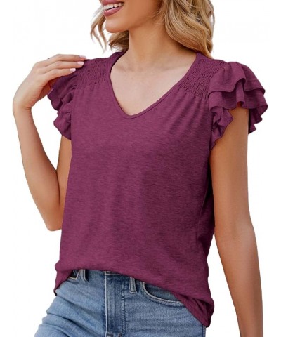 Women's Summer Top Solid V Neck Pleated Short Sleeve Fashion Casual Loose T Shirt Womens T Shirts Wine Purple $11.06 Sandals