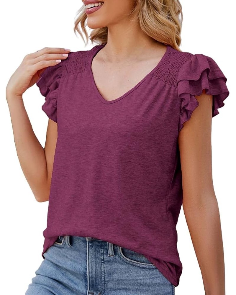 Women's Summer Top Solid V Neck Pleated Short Sleeve Fashion Casual Loose T Shirt Womens T Shirts Wine Purple $11.06 Sandals