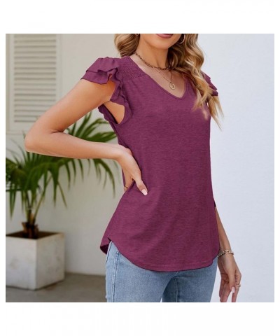 Women's Summer Top Solid V Neck Pleated Short Sleeve Fashion Casual Loose T Shirt Womens T Shirts Wine Purple $11.06 Sandals