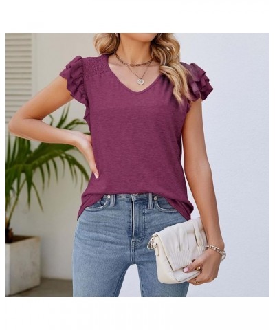 Women's Summer Top Solid V Neck Pleated Short Sleeve Fashion Casual Loose T Shirt Womens T Shirts Wine Purple $11.06 Sandals