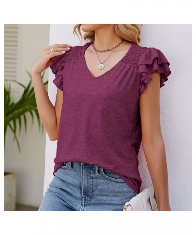 Women's Summer Top Solid V Neck Pleated Short Sleeve Fashion Casual Loose T Shirt Womens T Shirts Wine Purple $11.06 Sandals