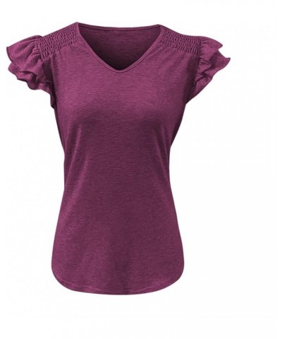 Women's Summer Top Solid V Neck Pleated Short Sleeve Fashion Casual Loose T Shirt Womens T Shirts Wine Purple $11.06 Sandals