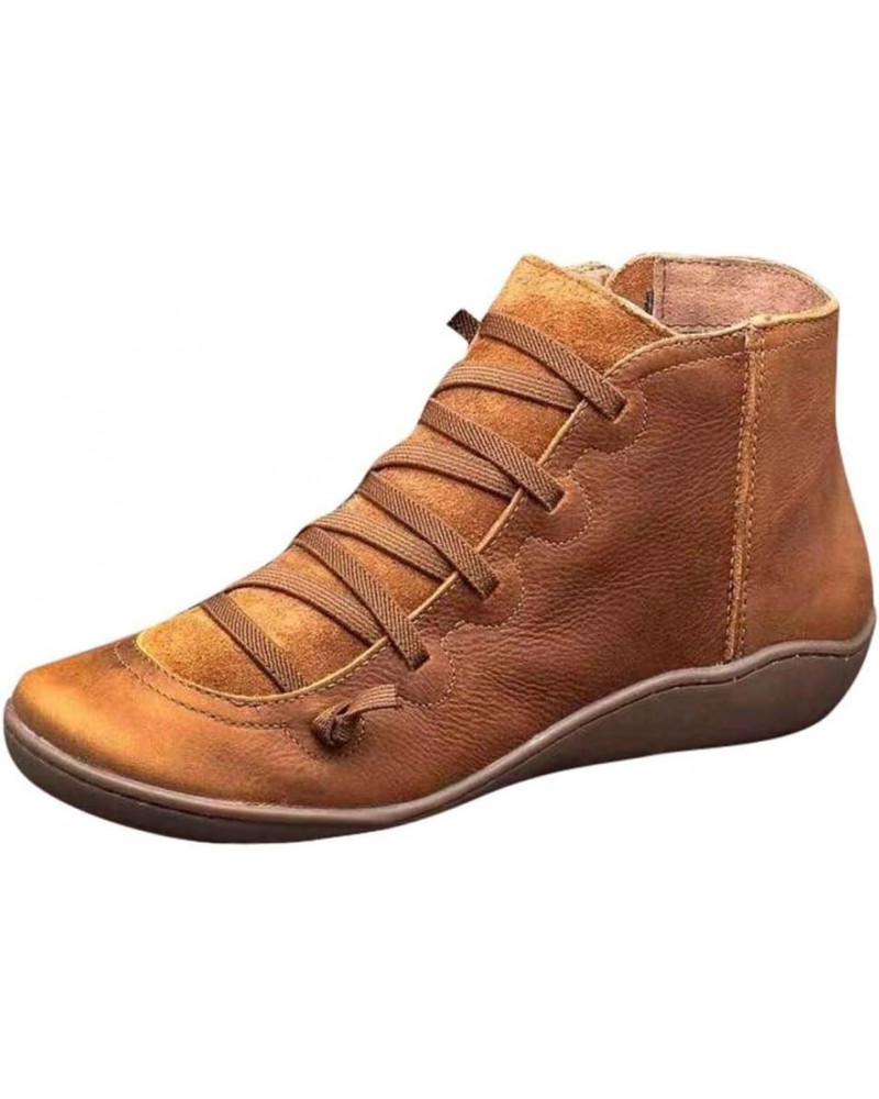 Leather Boots for Women Casual Retro Round Toe Lace-Up Flat Ankle Booties Comfortable Outdoor Shoe Short Boots (Brown, 5.5) 6...