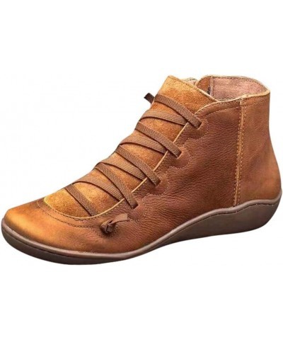 Leather Boots for Women Casual Retro Round Toe Lace-Up Flat Ankle Booties Comfortable Outdoor Shoe Short Boots (Brown, 5.5) 6...