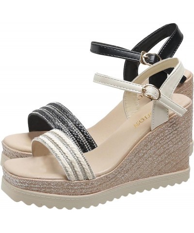 Women Sandals Fashion Rhinestone Decoration Summer New Pattern Wedge Comfortable Buckle Womens Saltwater Sandals Size 8 (Blac...