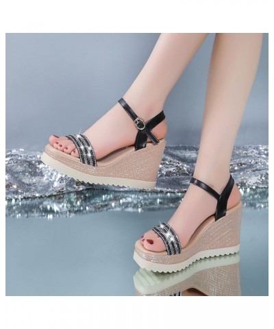 Women Sandals Fashion Rhinestone Decoration Summer New Pattern Wedge Comfortable Buckle Womens Saltwater Sandals Size 8 (Blac...