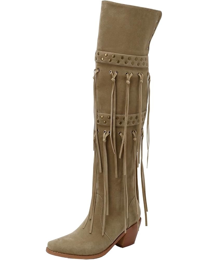 Women's Block Heel Over the Knee Tassel Boots with Zipper Apricot $31.04 Boots