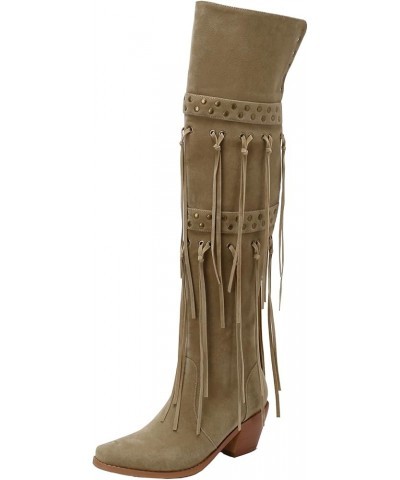 Women's Block Heel Over the Knee Tassel Boots with Zipper Apricot $31.04 Boots