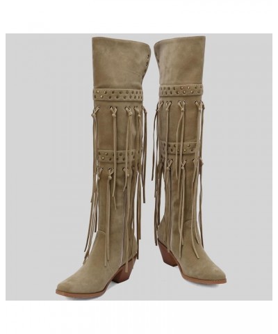 Women's Block Heel Over the Knee Tassel Boots with Zipper Apricot $31.04 Boots