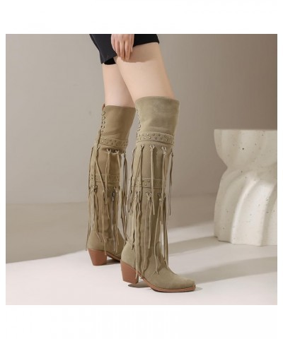 Women's Block Heel Over the Knee Tassel Boots with Zipper Apricot $31.04 Boots