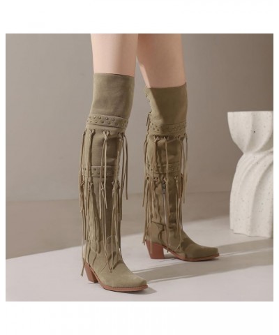 Women's Block Heel Over the Knee Tassel Boots with Zipper Apricot $31.04 Boots